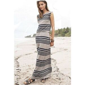 Garnet Hill Womens Maxi Jersey Knit Dress Size Medium M Striped Beige Navy EUC